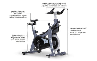 Stages SC2 indoor cycling bike fit diagram showing saddle height, seat fore-aft alignment, handlebar reach, and handlebar height adjustments