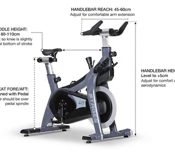 Stages SC2 indoor cycling bike fit diagram showing saddle height, seat fore-aft alignment, handlebar reach, and handlebar height adjustments