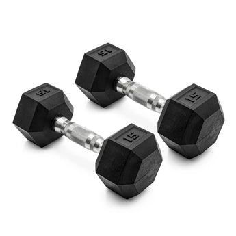CAP Barbell black rubber hex dumbbell pair, 15 lb, chrome knurled handle