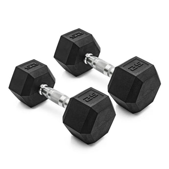 CAP Barbell black rubber hex dumbbell pair, 25 lb, chrome knurled handle
