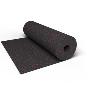 Close-up of a Firestorm Red REGUPOL aktiv rubber flooring roll end showing red flecks on a black base and the 3/8 inch (9 mm) thickness