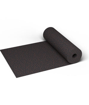 Firestorm Red REGUPOL aktiv 3/8 inch (9 mm) commercial rubber gym flooring roll, 48 in. wide, partly unrolled, with red flecks on a black base shown at true scale