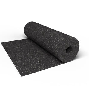 Close-up of a Gray Hound REGUPOL aktiv rubber flooring roll end showing gray flecks on a black base and the 3/8 inch (9 mm) thickness