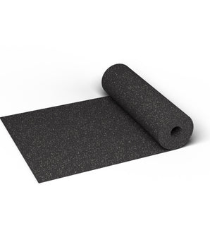 Gray Hound REGUPOL aktiv 3/8 inch (9 mm) commercial rubber gym flooring roll, 48 in. wide, partly unrolled, with gray flecks on a black base shown at true scale