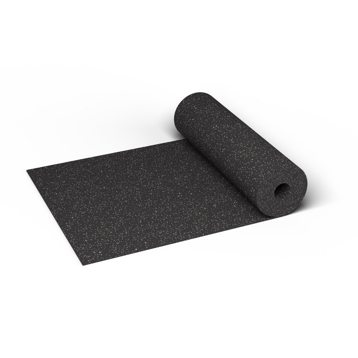 Gray Hound REGUPOL aktiv 3/8 inch (9 mm) rubber gym flooring roll, partly unrolled, with gray flecks shown at true scale