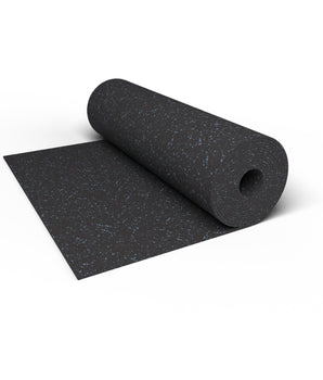 Close-up of a Jayz Blue REGUPOL aktiv rubber flooring roll end showing blue flecks on a black base and the 3/8 inch (9 mm) thickness