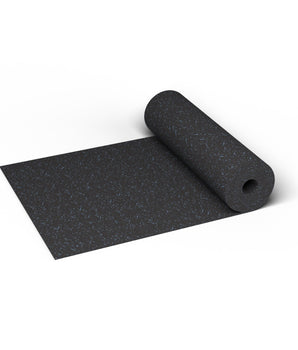 Jayz Blue REGUPOL aktiv 3/8 inch (9 mm) commercial rubber gym flooring roll, 48 in. wide, partly unrolled, with blue flecks on a black base shown at true scale