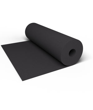 Close-up of a Jet Black REGUPOL aktiv rubber flooring roll end showing a solid black surface and the 3/8 inch (9 mm) thickness