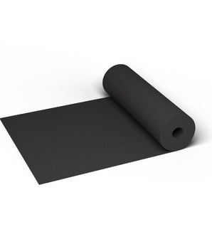Jet Black REGUPOL aktiv 3/8 inch (9 mm) commercial rubber gym flooring roll, 48 in. wide, partly unrolled, with a solid black surface shown at true scale