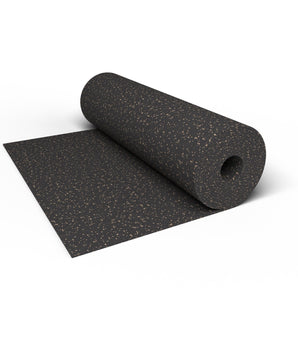 Close-up of a Titan Tan REGUPOL aktiv rubber flooring roll end showing tan flecks on a black base and the 3/8 inch (9 mm) thickness