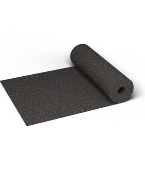 Titan Tan REGUPOL aktiv 3/8 inch (9 mm) commercial rubber gym flooring roll, 48 in. wide, partly unrolled, with tan flecks on a black base shown at true scale