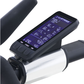 Stages SIC2 display console showing power, cadence, speed, calories, distance, and ride time from a Stages Power Meter