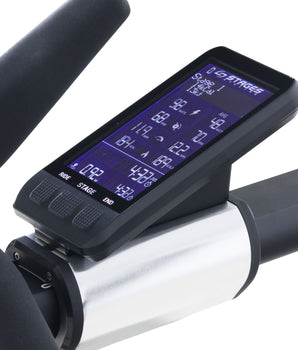 Stages SIC2 display console installed on a Stages indoor cycle showing power, cadence, speed, calories, distance, and ride time